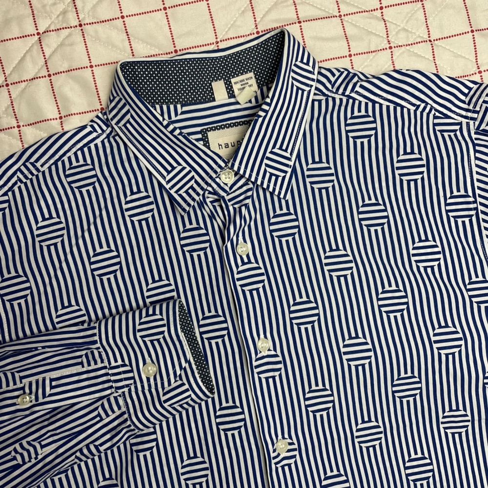 Haupt Mens Blue White Striped Circle Print Button‎ Up Shirt Size M